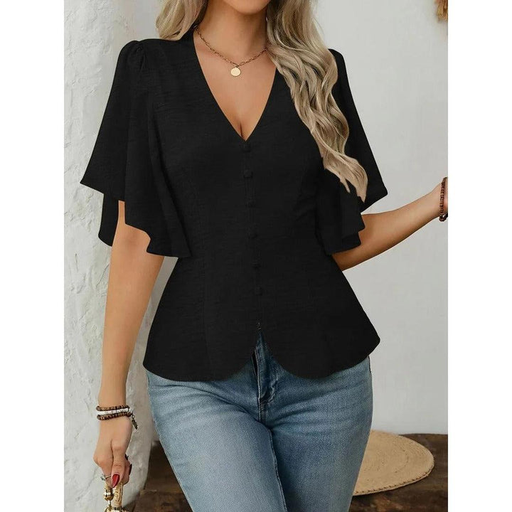 Women Blouse Solid Color V Neck Flare Sleeve