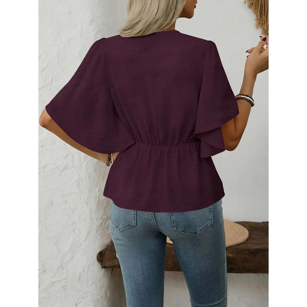 Women Blouse Solid Color V Neck Flare Sleeve