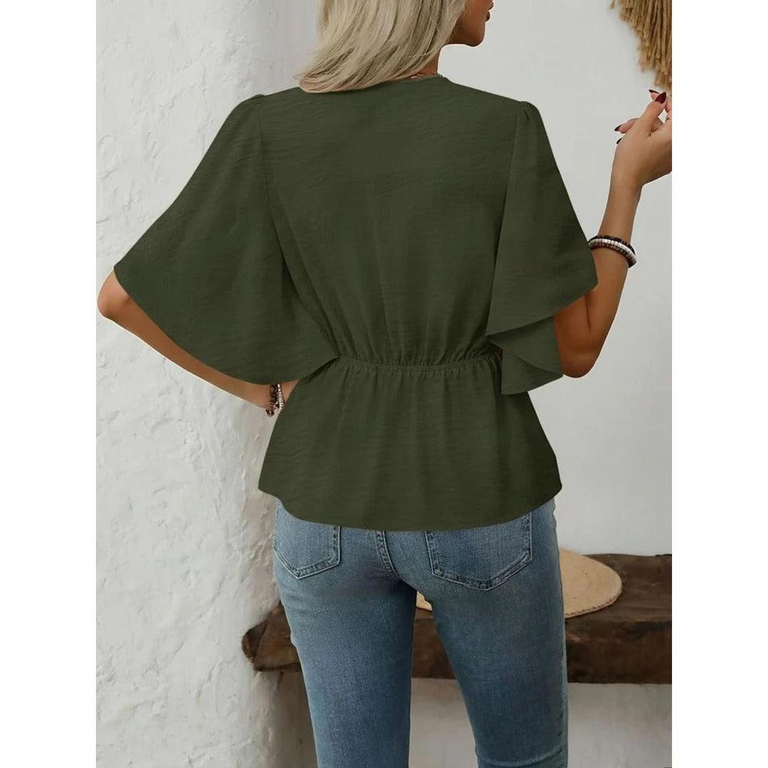 Women Blouse Solid Color V Neck Flare Sleeve