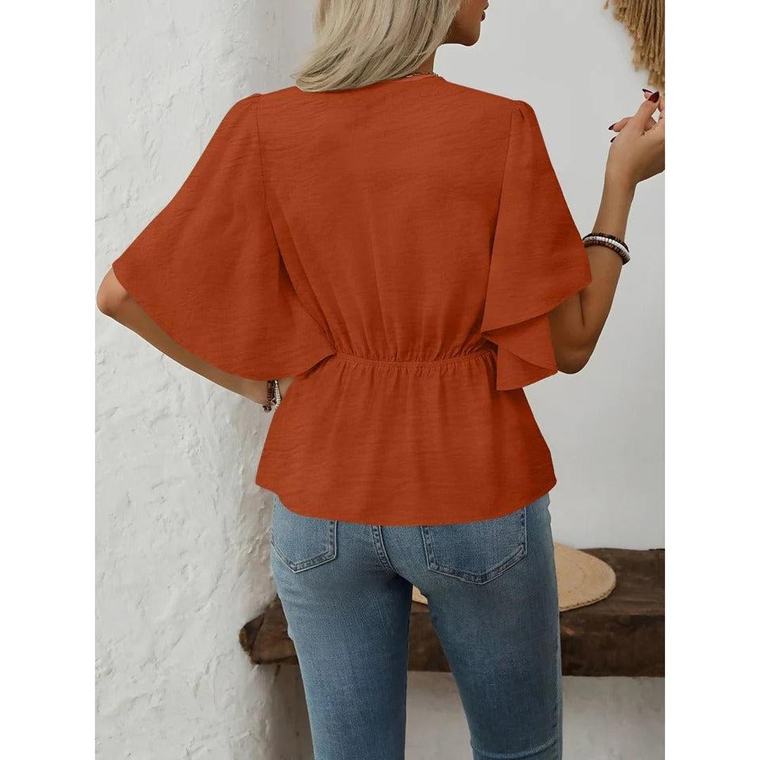 Women Blouse Solid Color V Neck Flare Sleeve