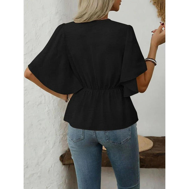 Women Blouse Solid Color V Neck Flare Sleeve