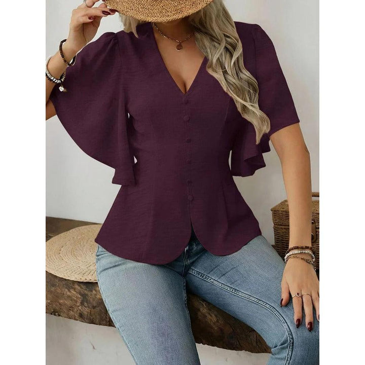 Women Blouse Solid Color V Neck Flare Sleeve