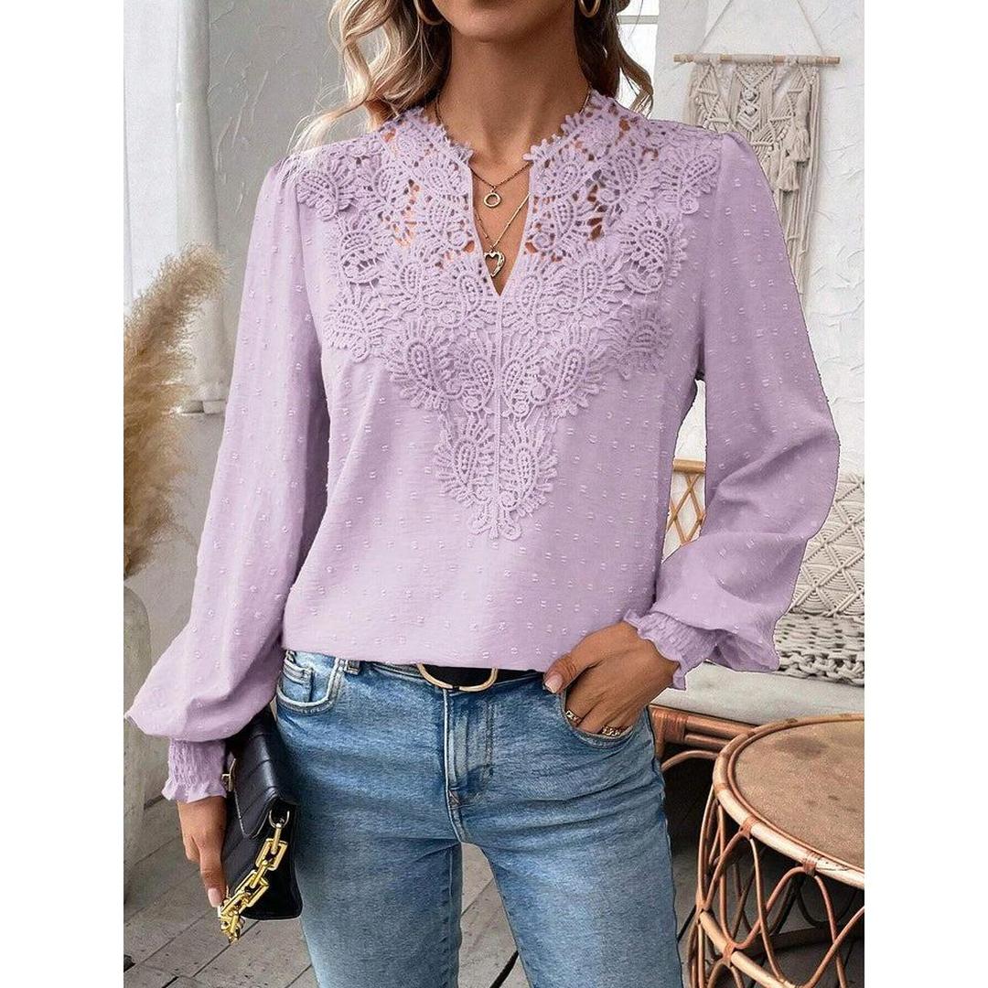 Women Blouse Mixed Pattern Lace Detail Long Sleeve