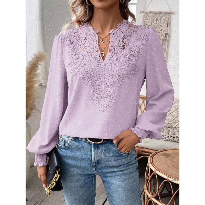 Women Blouse Mixed Pattern Lace Detail Long Sleeve