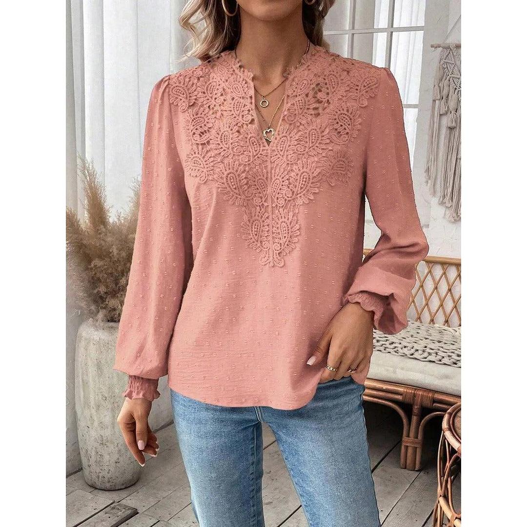 Women Blouse Mixed Pattern Lace Detail Long Sleeve