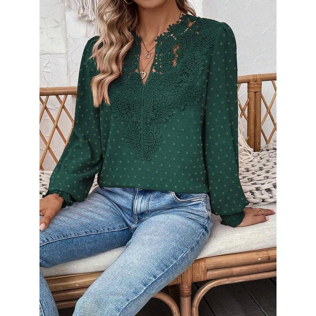 Women Blouse Mixed Pattern Lace Detail Long Sleeve