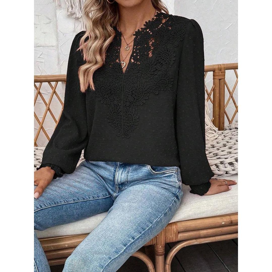 Women Blouse Mixed Pattern Lace Detail Long Sleeve