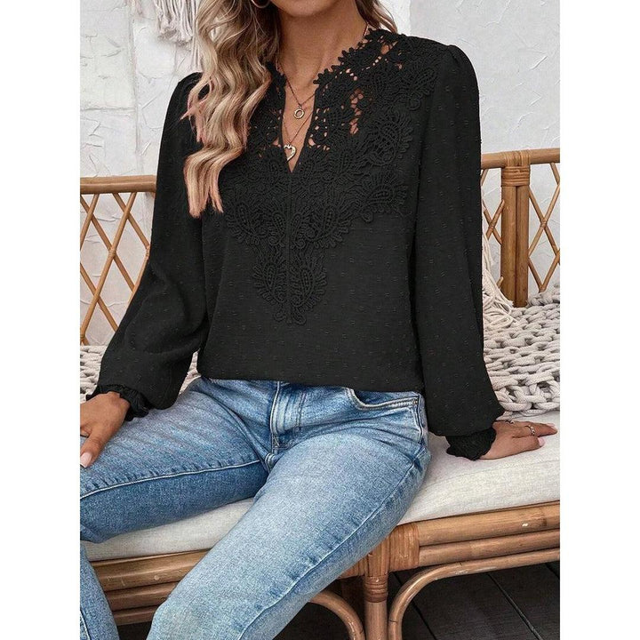 Women Blouse Mixed Pattern Lace Detail Long Sleeve
