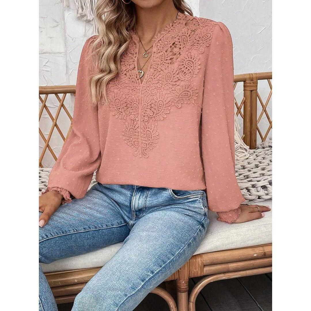 Women Blouse Mixed Pattern Lace Detail Long Sleeve