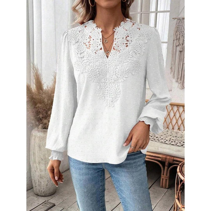Women Blouse Mixed Pattern Lace Detail Long Sleeve