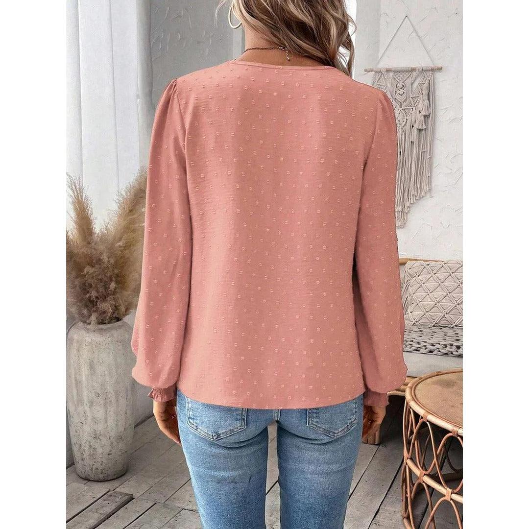 Women Blouse Mixed Pattern Lace Detail Long Sleeve