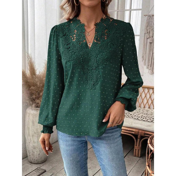 Women Blouse Mixed Pattern Lace Detail Long Sleeve
