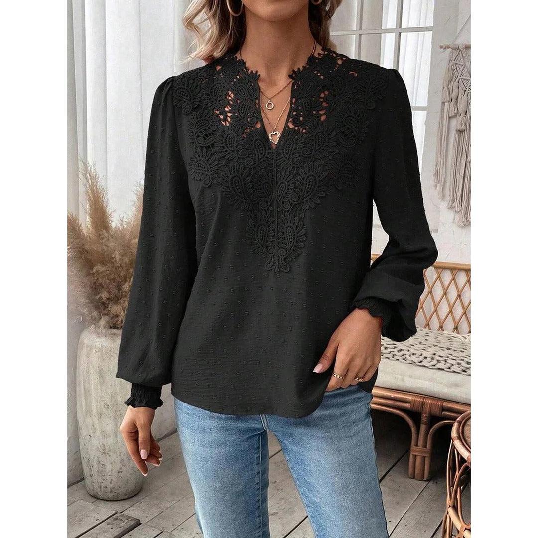 Women Blouse Mixed Pattern Lace Detail Long Sleeve