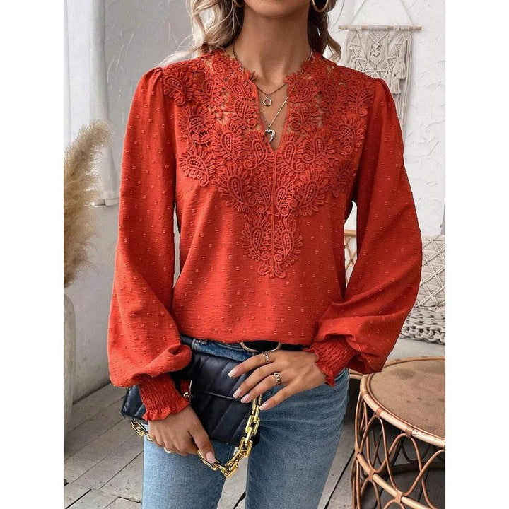 Women Blouse Mixed Pattern Lace Detail Long Sleeve