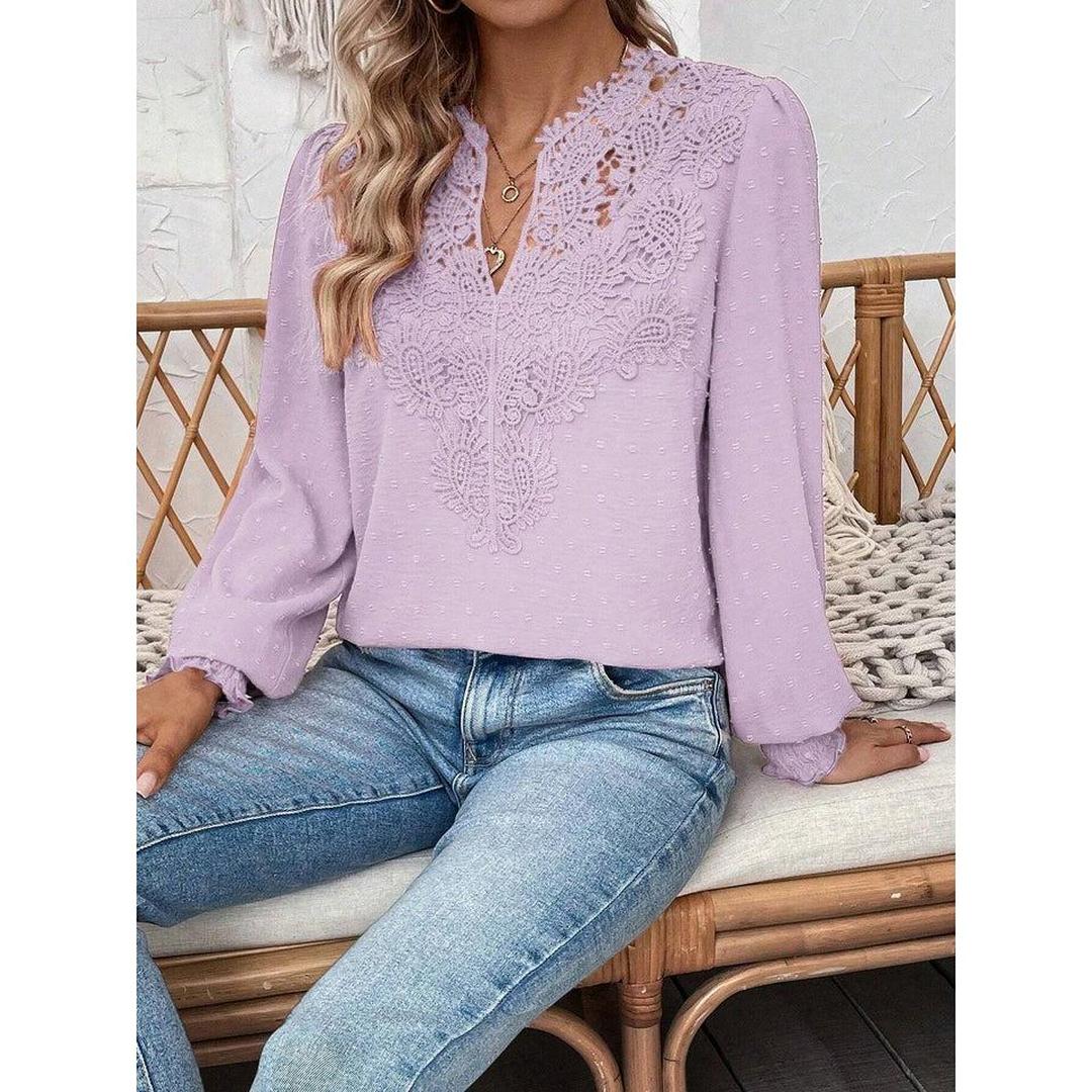 Women Blouse Mixed Pattern Lace Detail Long Sleeve