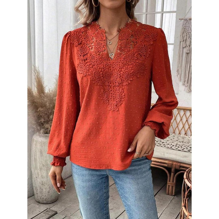 Women Blouse Mixed Pattern Lace Detail Long Sleeve