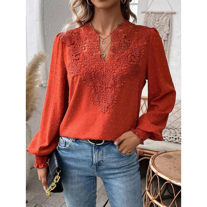 Women Blouse Mixed Pattern Lace Detail Long Sleeve