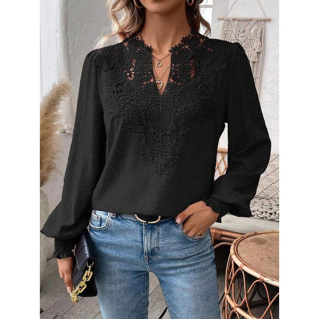 Women Blouse Mixed Pattern Lace Detail Long Sleeve