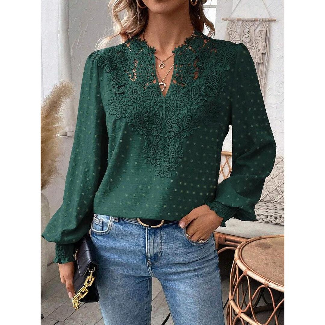 Women Blouse Mixed Pattern Lace Detail Long Sleeve