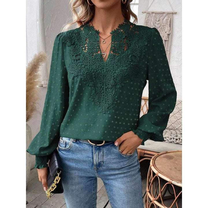 Women Blouse Mixed Pattern Lace Detail Long Sleeve