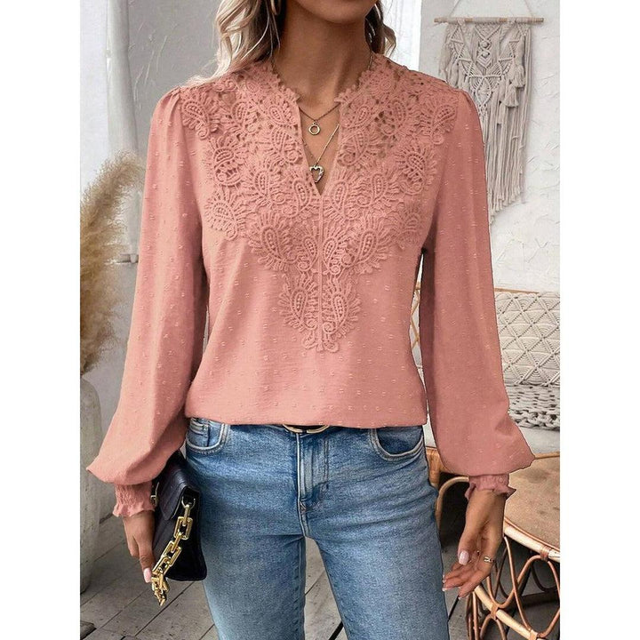 Women Blouse Mixed Pattern Lace Detail Long Sleeve