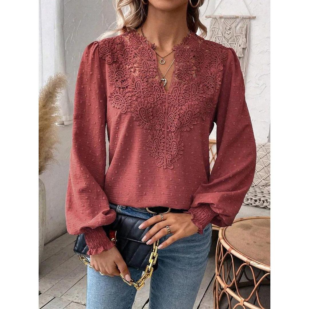Women Blouse Mixed Pattern Lace Detail Long Sleeve