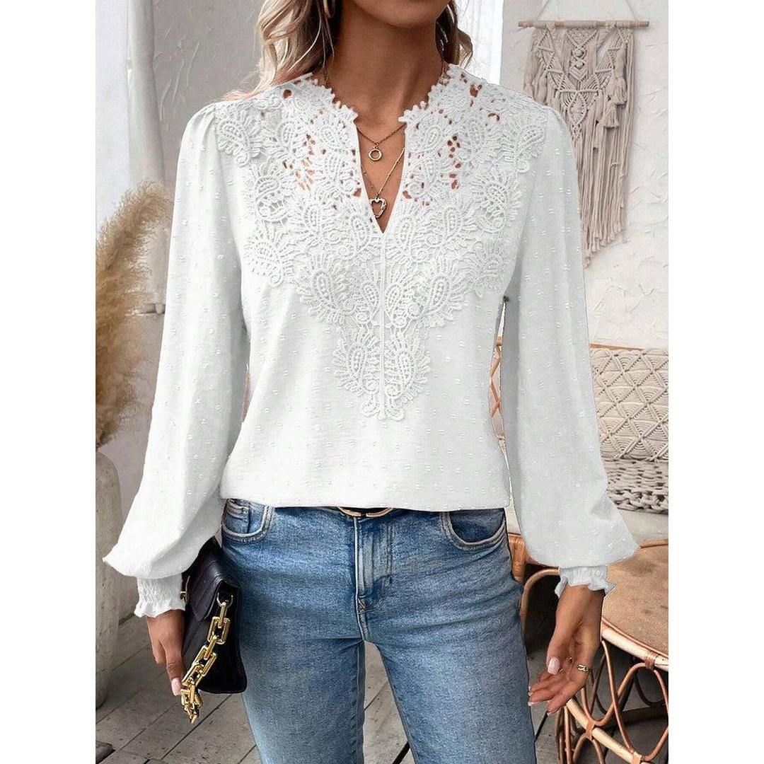 Women Blouse Mixed Pattern Lace Detail Long Sleeve