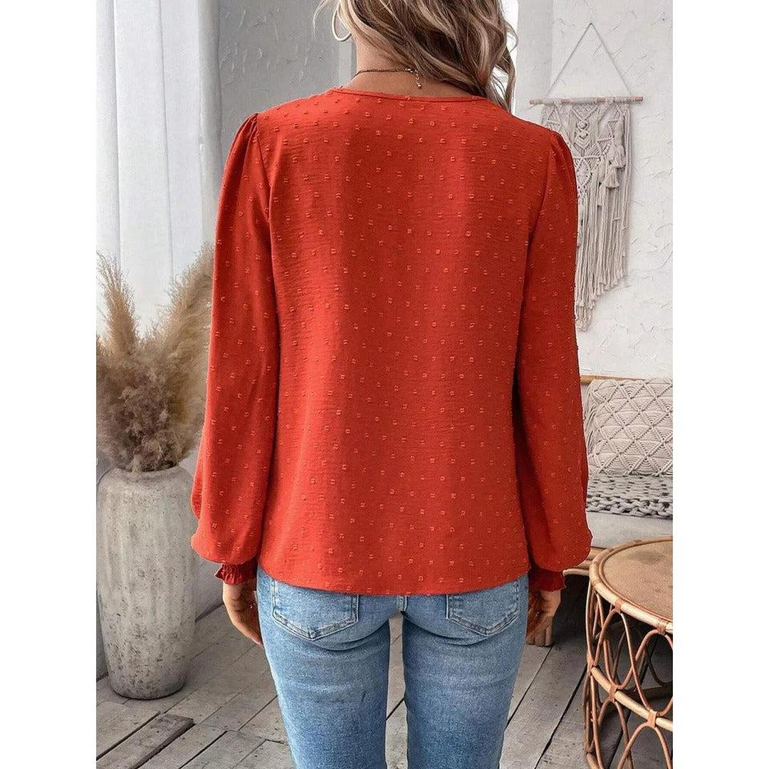 Women Blouse Mixed Pattern Lace Detail Long Sleeve