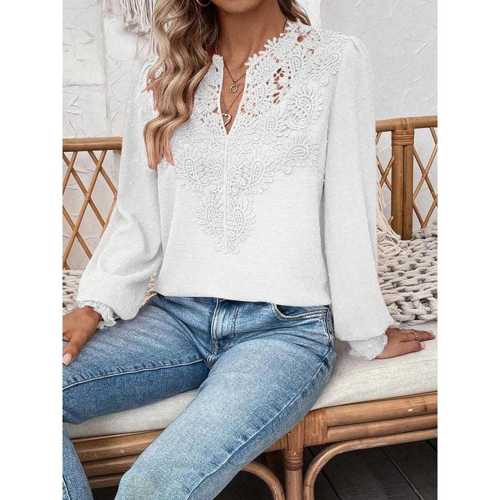 Women Blouse Mixed Pattern Lace Detail Long Sleeve
