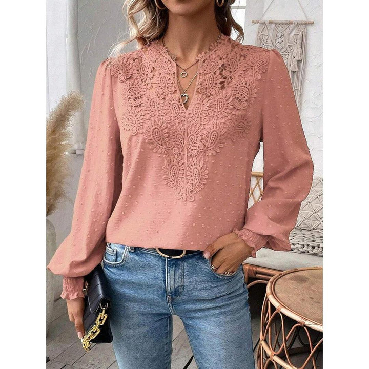 Women Blouse Mixed Pattern Lace Detail Long Sleeve