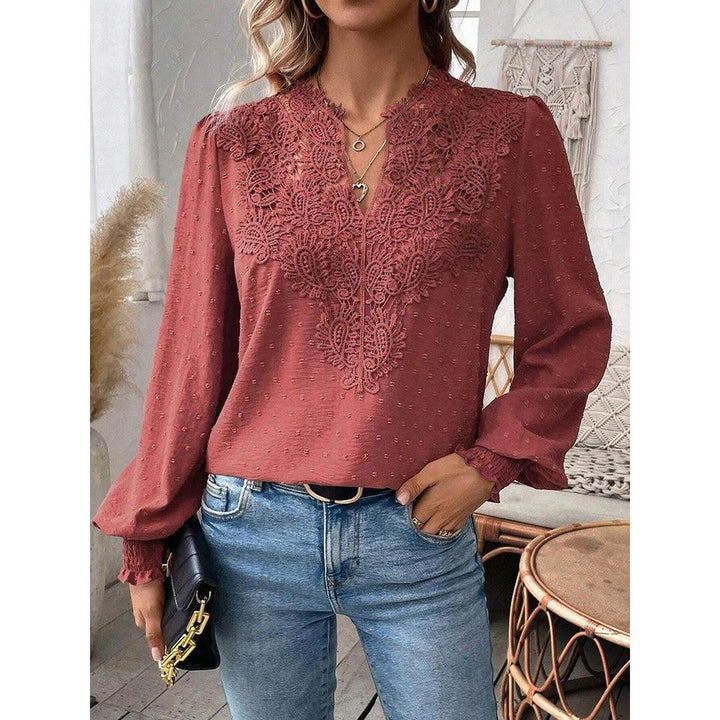 Women Blouse Mixed Pattern Lace Detail Long Sleeve