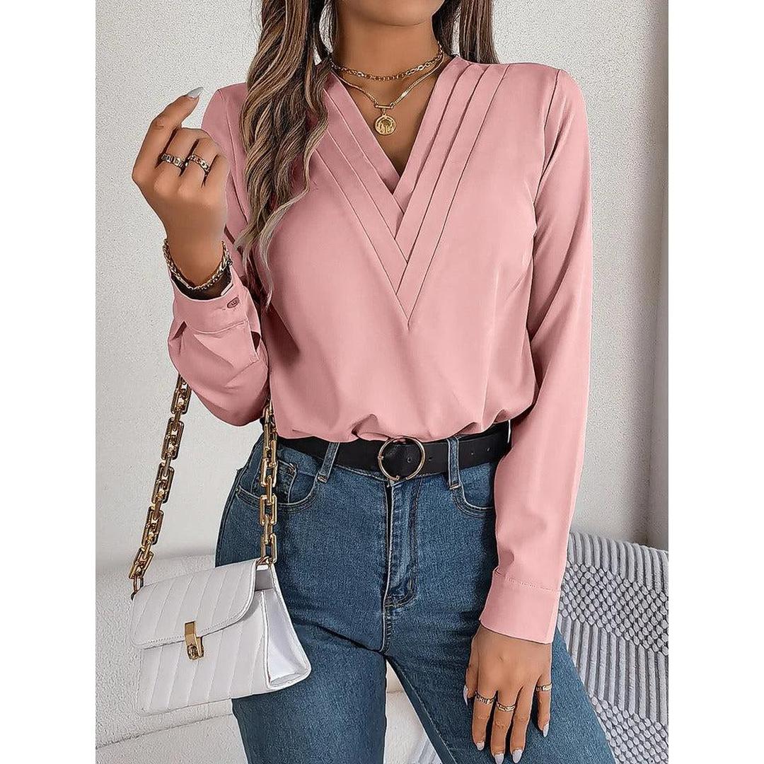 Women Blouse Solid Color V Neck Long Sleeve