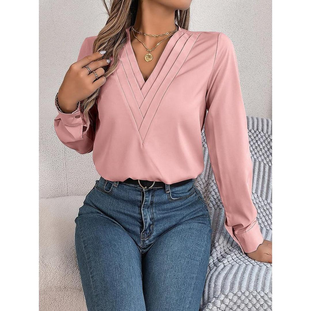 Women Blouse Solid Color V Neck Long Sleeve