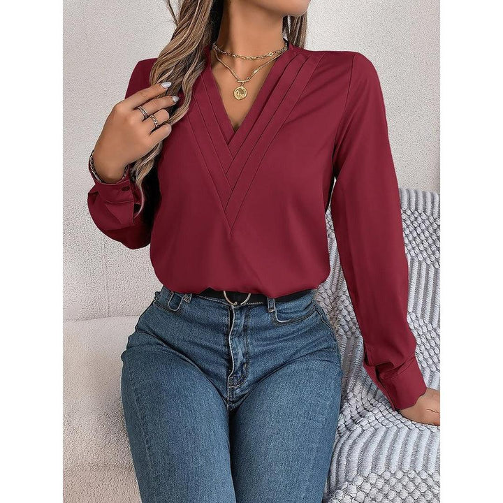 Women Blouse Solid Color V Neck Long Sleeve