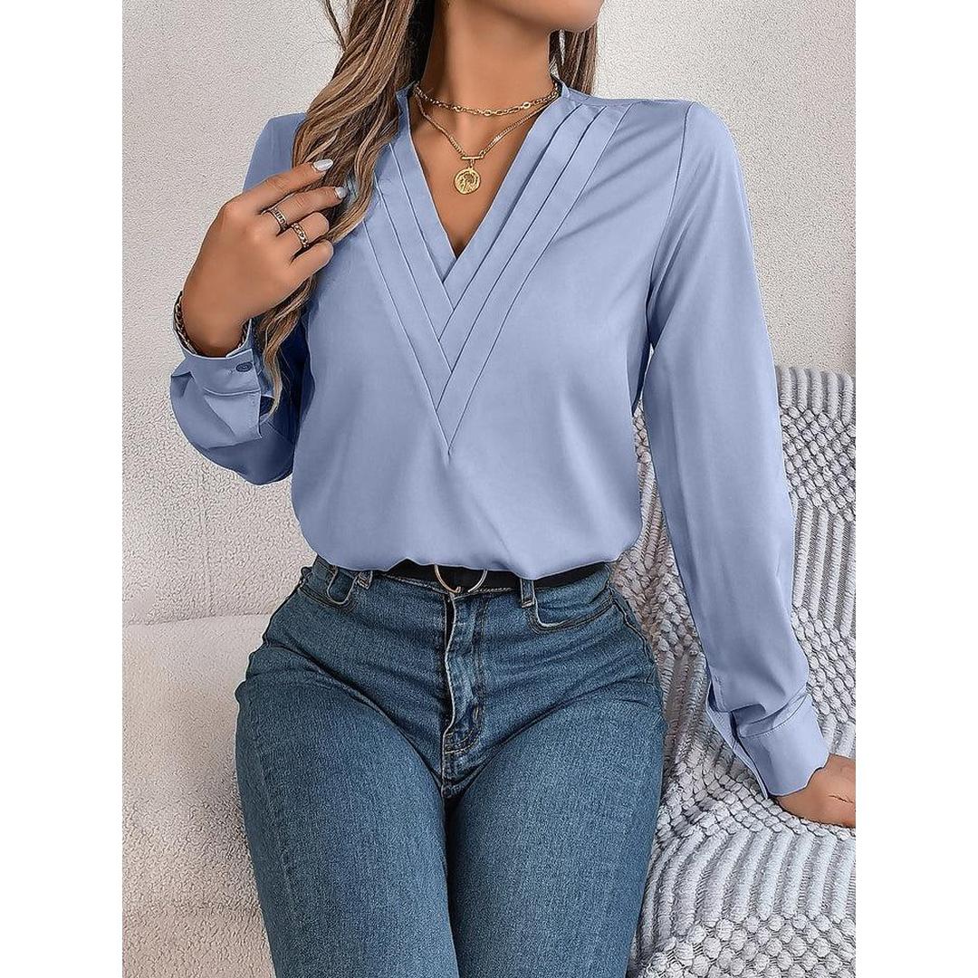 Women Blouse Solid Color V Neck Long Sleeve