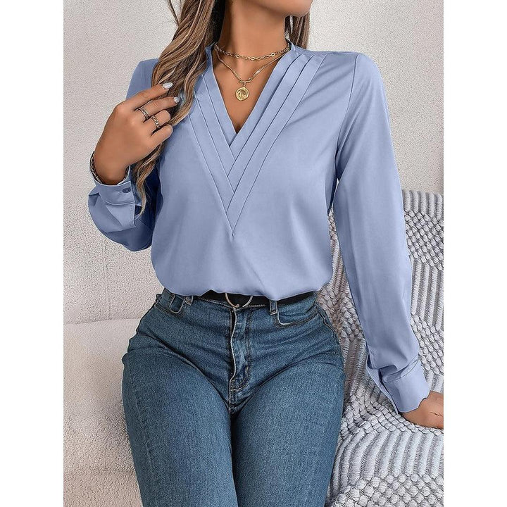 Women Blouse Solid Color V Neck Long Sleeve