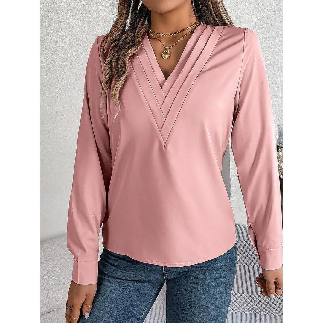 Women Blouse Solid Color V Neck Long Sleeve