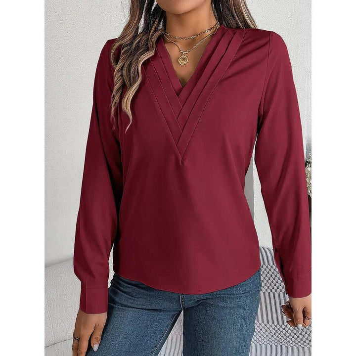 Women Blouse Solid Color V Neck Long Sleeve