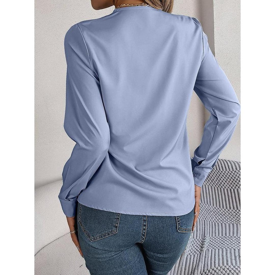 Women Blouse Solid Color V Neck Long Sleeve