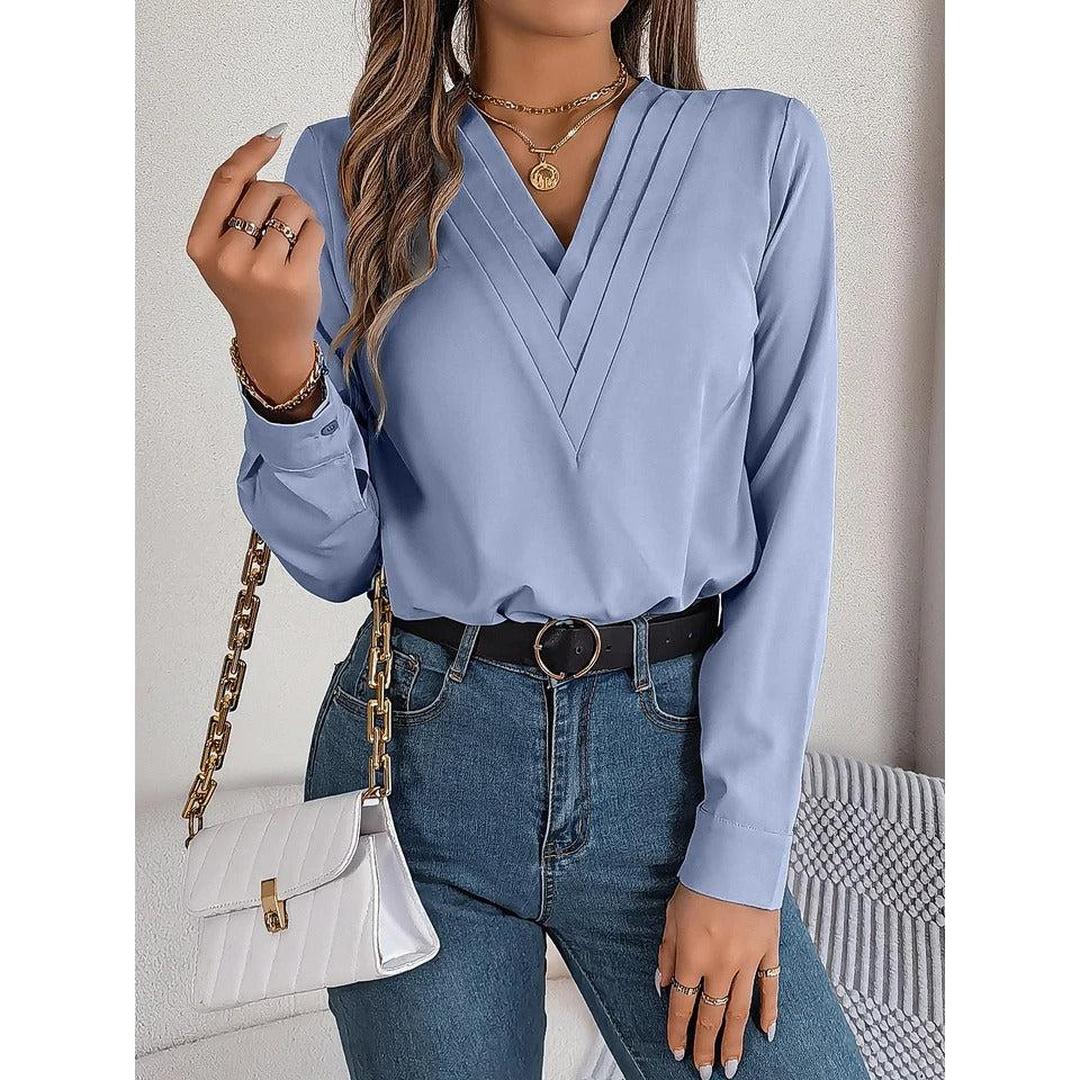 Women Blouse Solid Color V Neck Long Sleeve