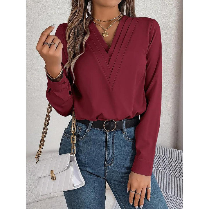 Women Blouse Solid Color V Neck Long Sleeve