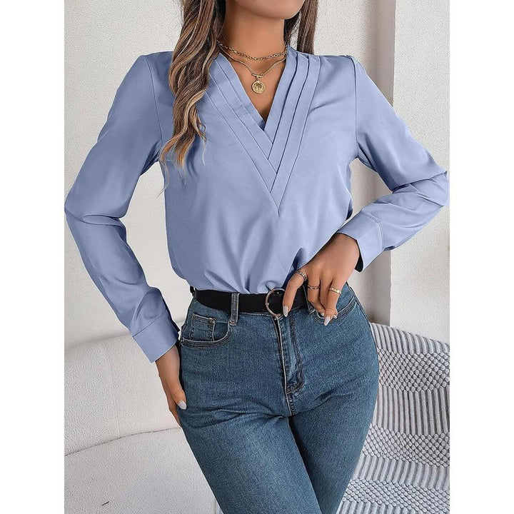 Women Blouse Solid Color V Neck Long Sleeve