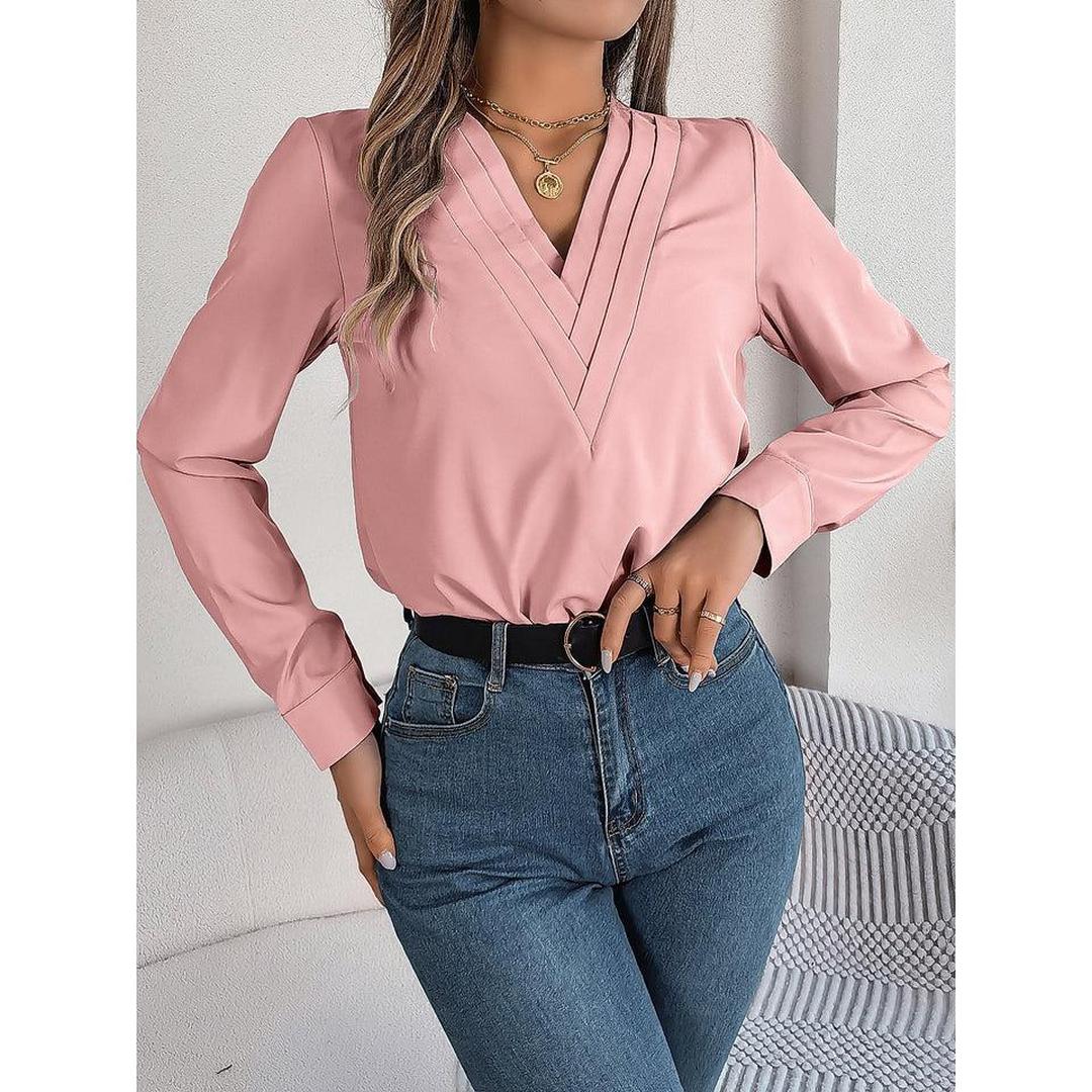 Women Blouse Solid Color V Neck Long Sleeve
