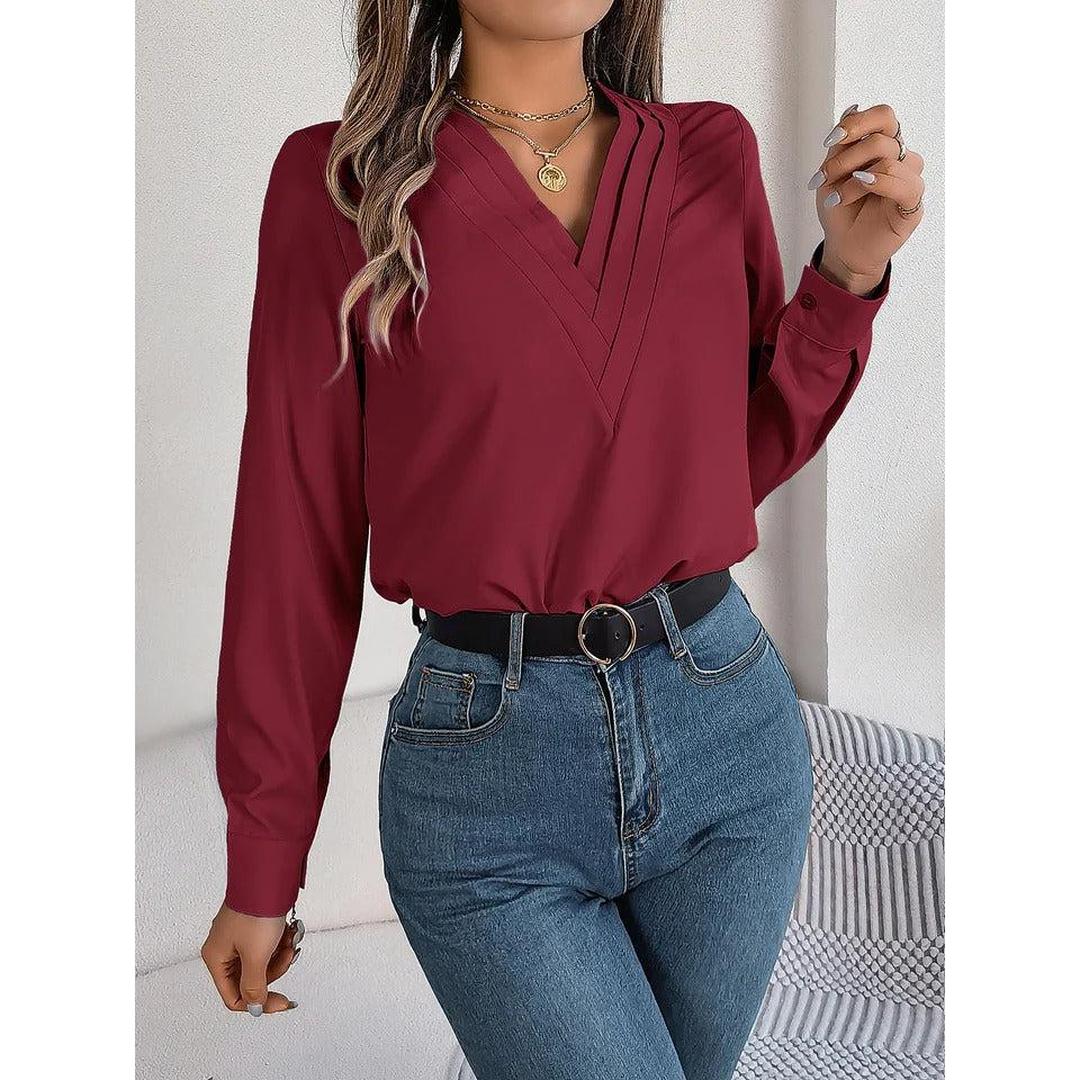 Women Blouse Solid Color V Neck Long Sleeve