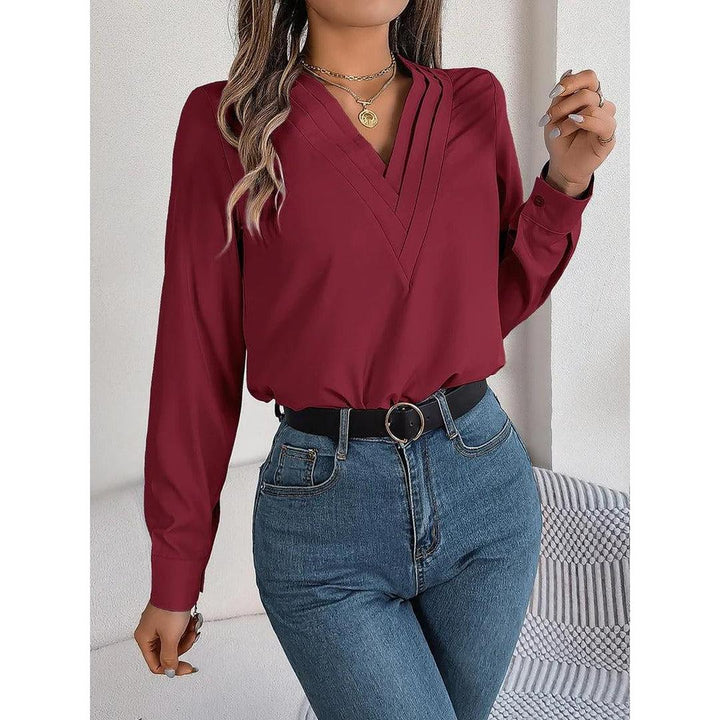 Women Blouse Solid Color V Neck Long Sleeve