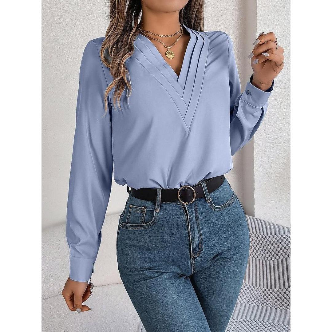 Women Blouse Solid Color V Neck Long Sleeve