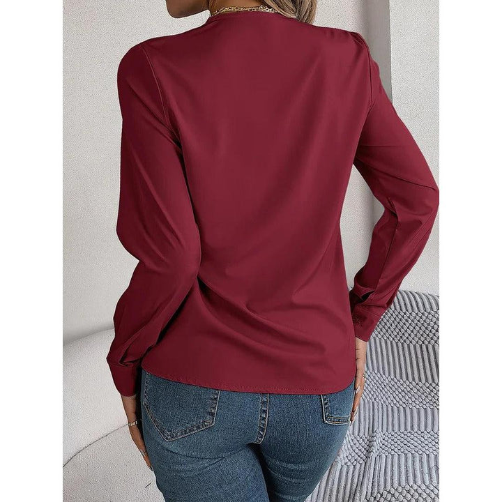 Women Blouse Solid Color V Neck Long Sleeve