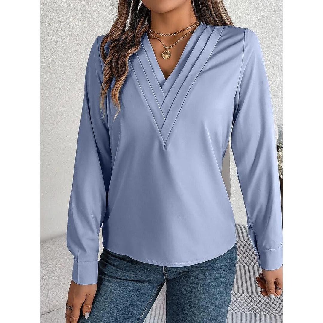 Women Blouse Solid Color V Neck Long Sleeve