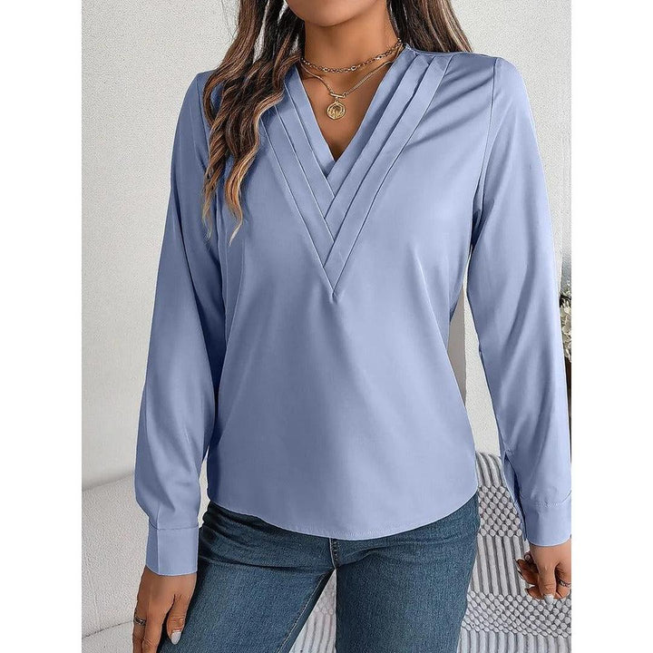 Women Blouse Solid Color V Neck Long Sleeve