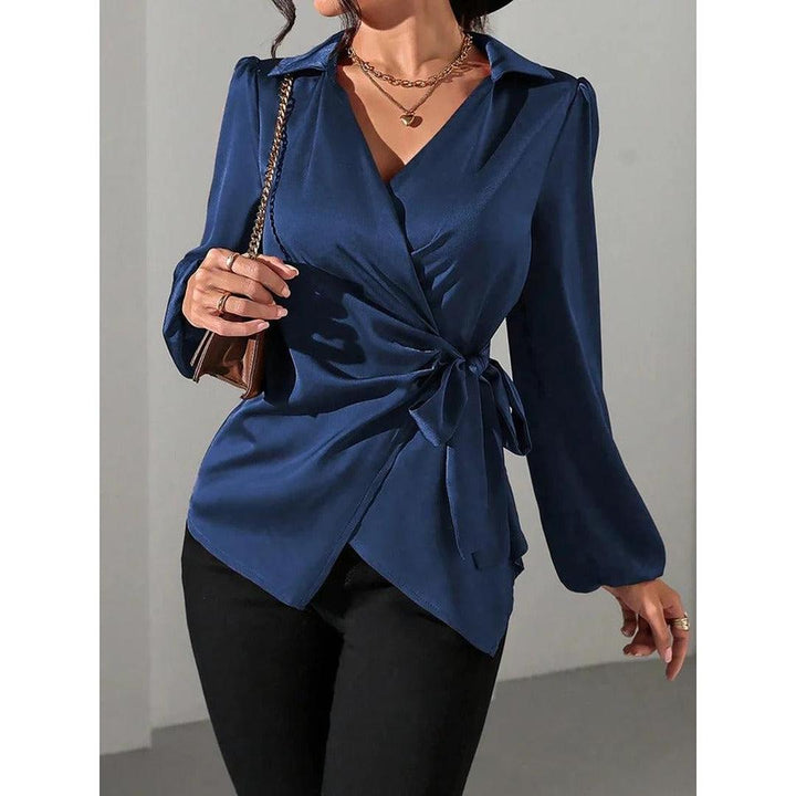 Women Blouse Solid Color Wrap Front Long Sleeve